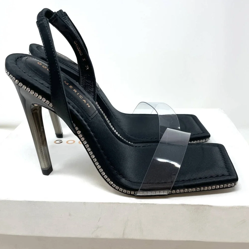 Good American Crystal Crush Lucite Rhinestone Sandals In Black Size 7.5 New